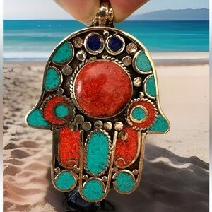 Stunning Handmade Hamsa Pendant with Tibetan silver inlaid coral & turquoise 3”